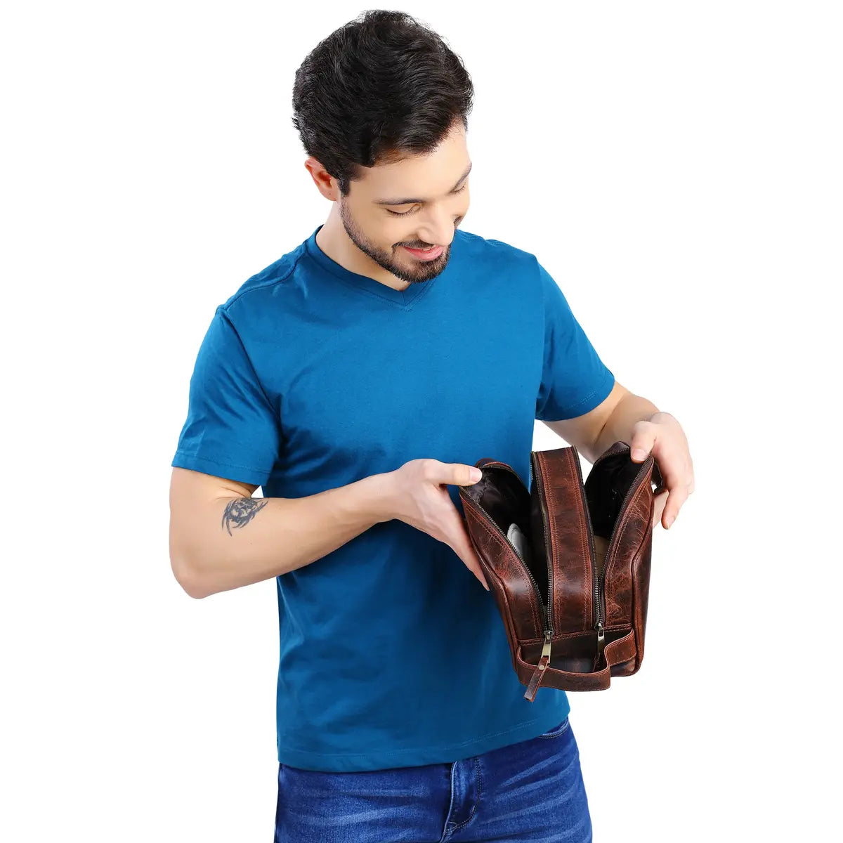 Mens Double Section Leather Toiletry Bag