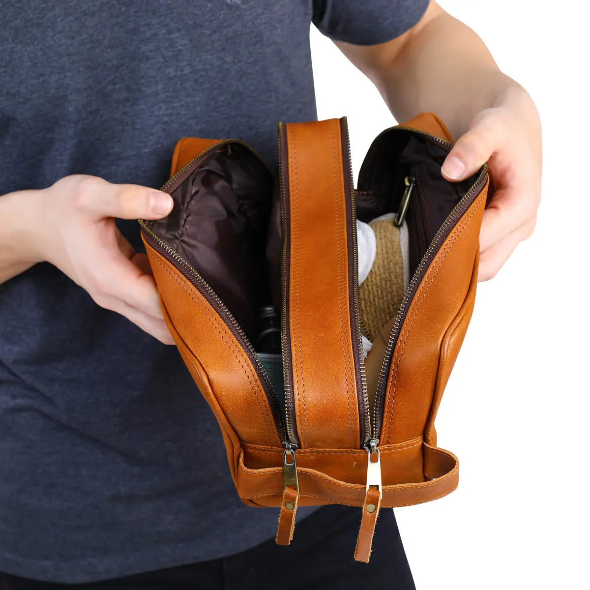 Mens Double Section Leather Toiletry Bag