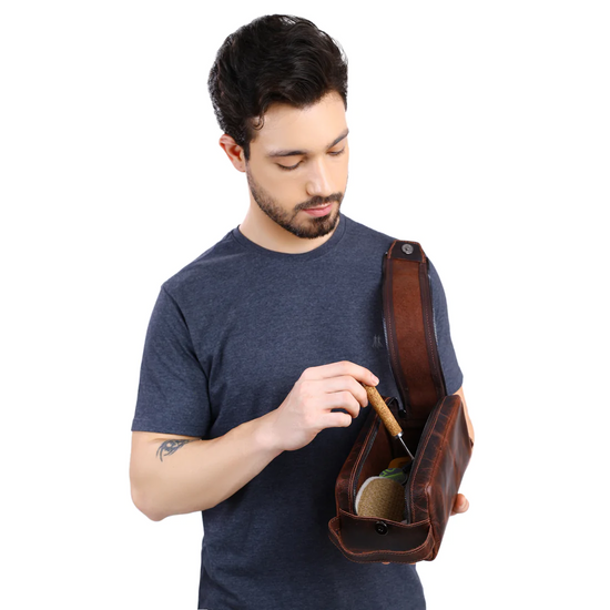 Leather Toiletry Double Zipper Bag | Dark Brown