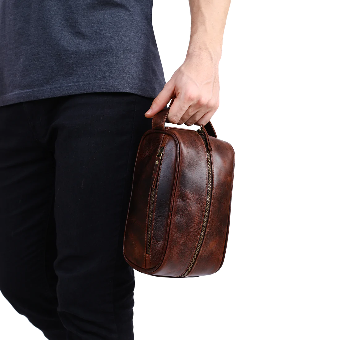 Leather Front Zipper Toiletry Bag | Light Brown