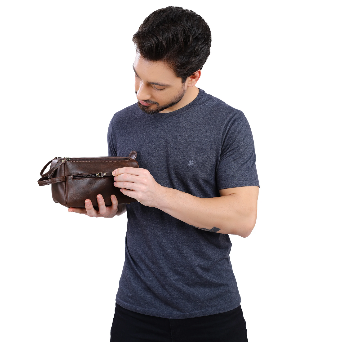 Leather Toiletry Multi zipper Bag | Black