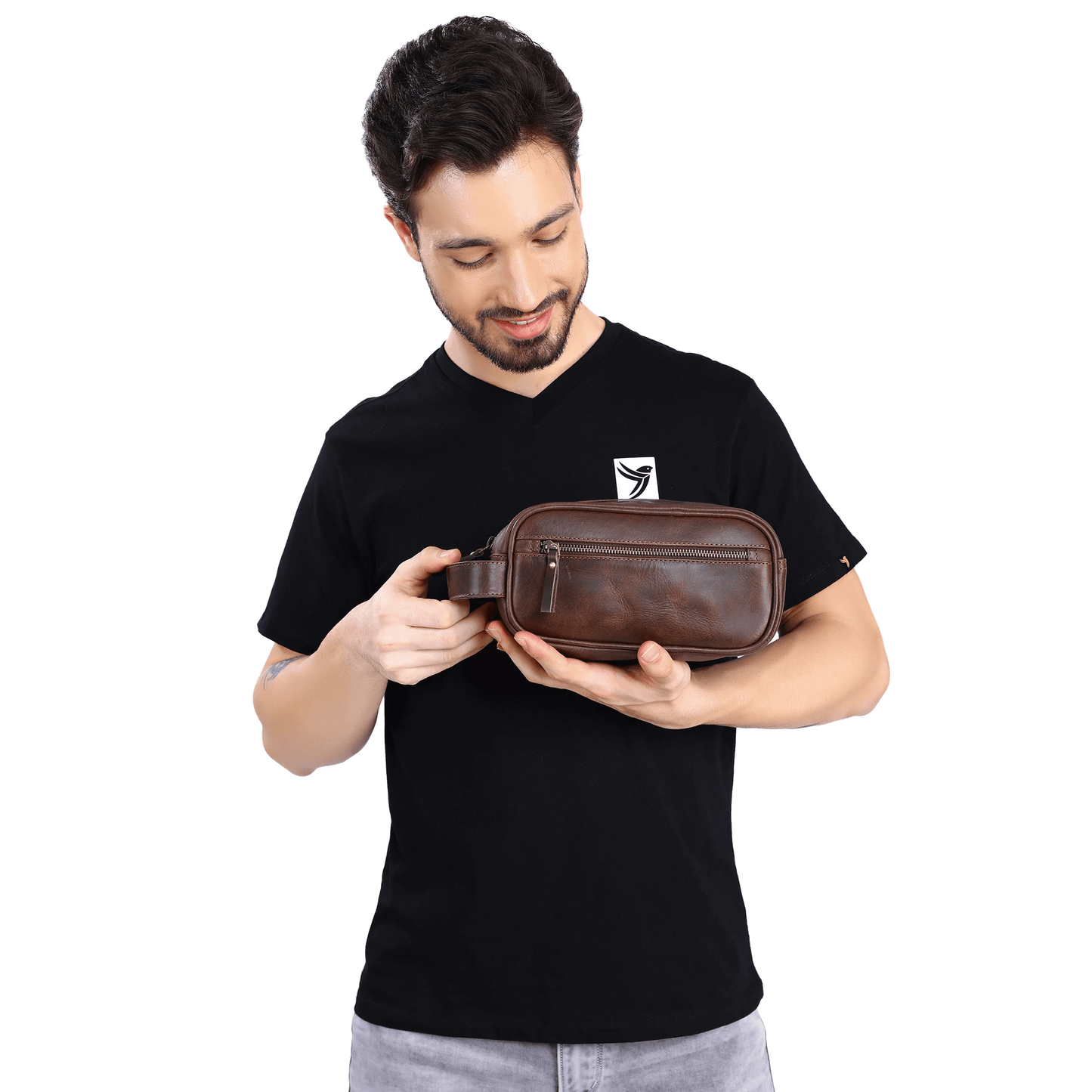 Leather Front Zipper Toiletry Bag | Black