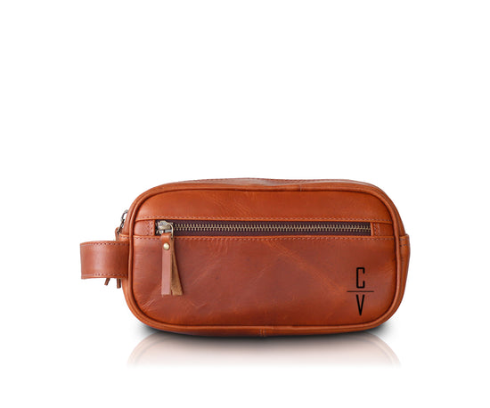 Load image into Gallery viewer, Leather Front Zipper Toiletry Bag | Light Brown

