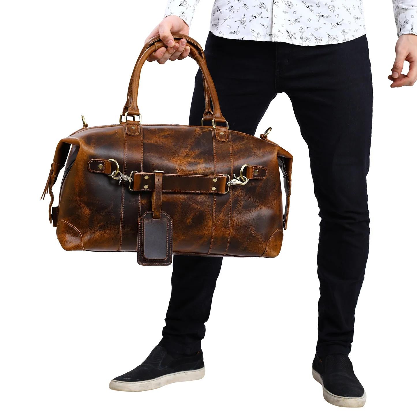 Leather Side Punch Duffle Bag | Black