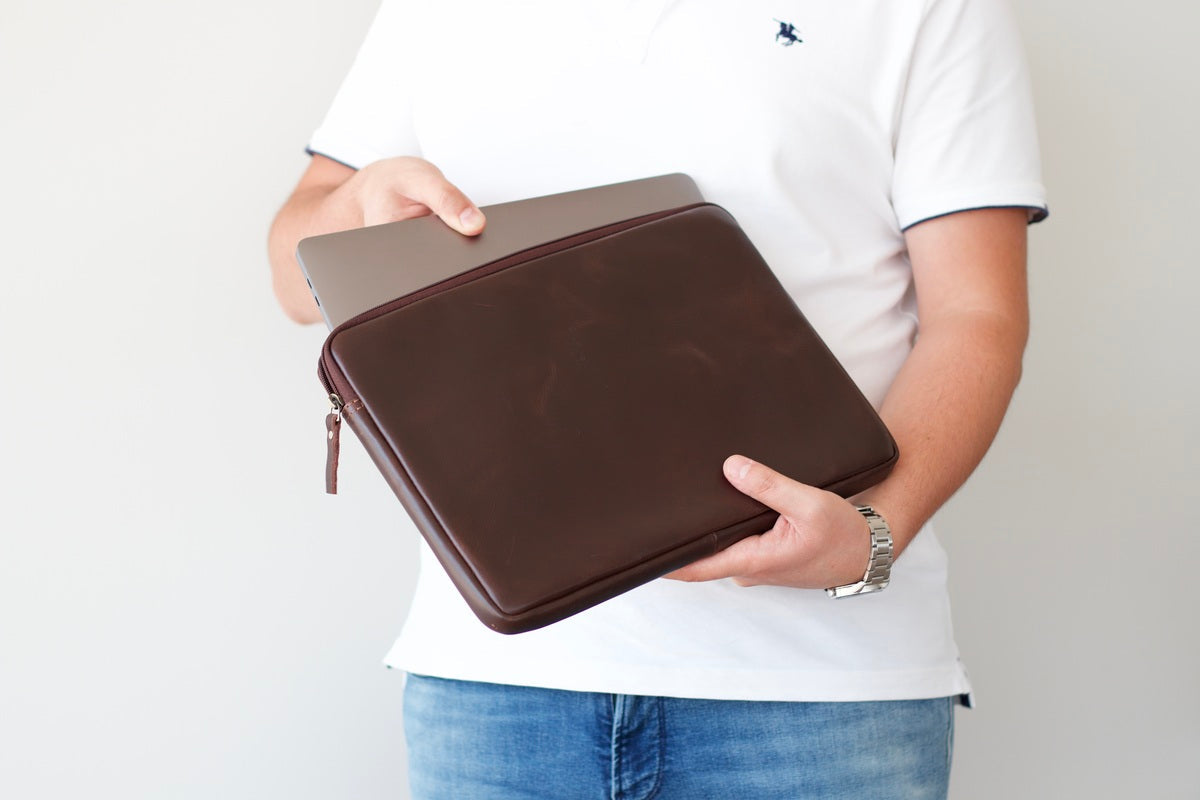 Personalized Leather Laptop Case - Dark Brown