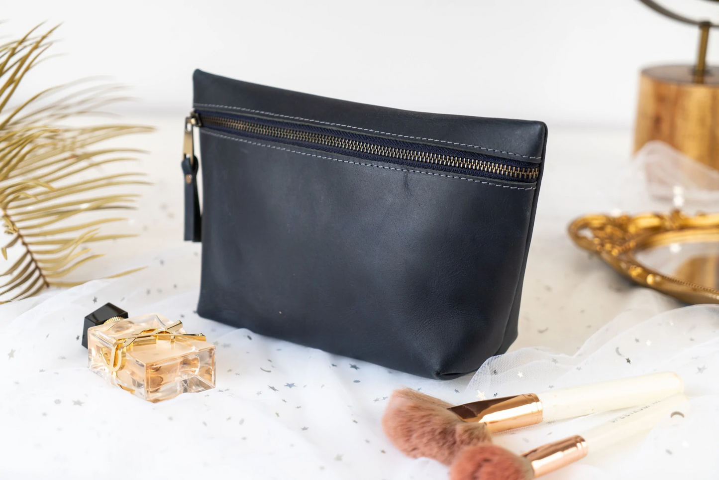 Leather Square Makeup Bag | Antique Brown