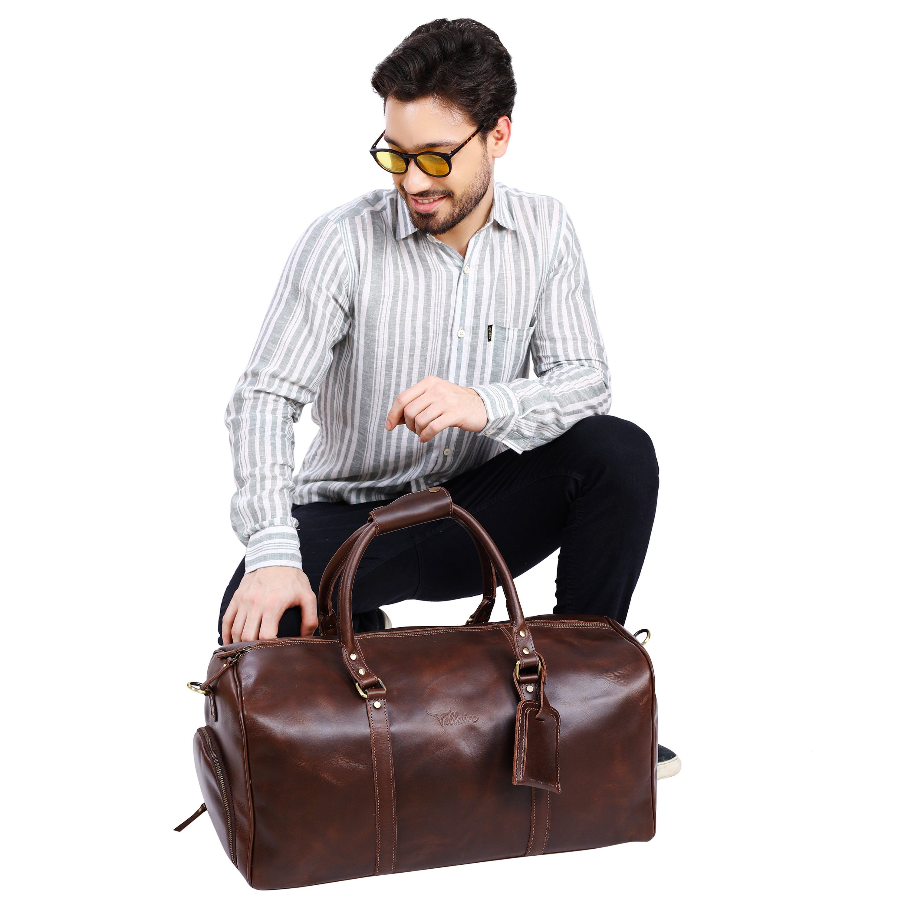 Leather Duffle Bag For Travel VELEZ Dark Brown Top Grain Leather