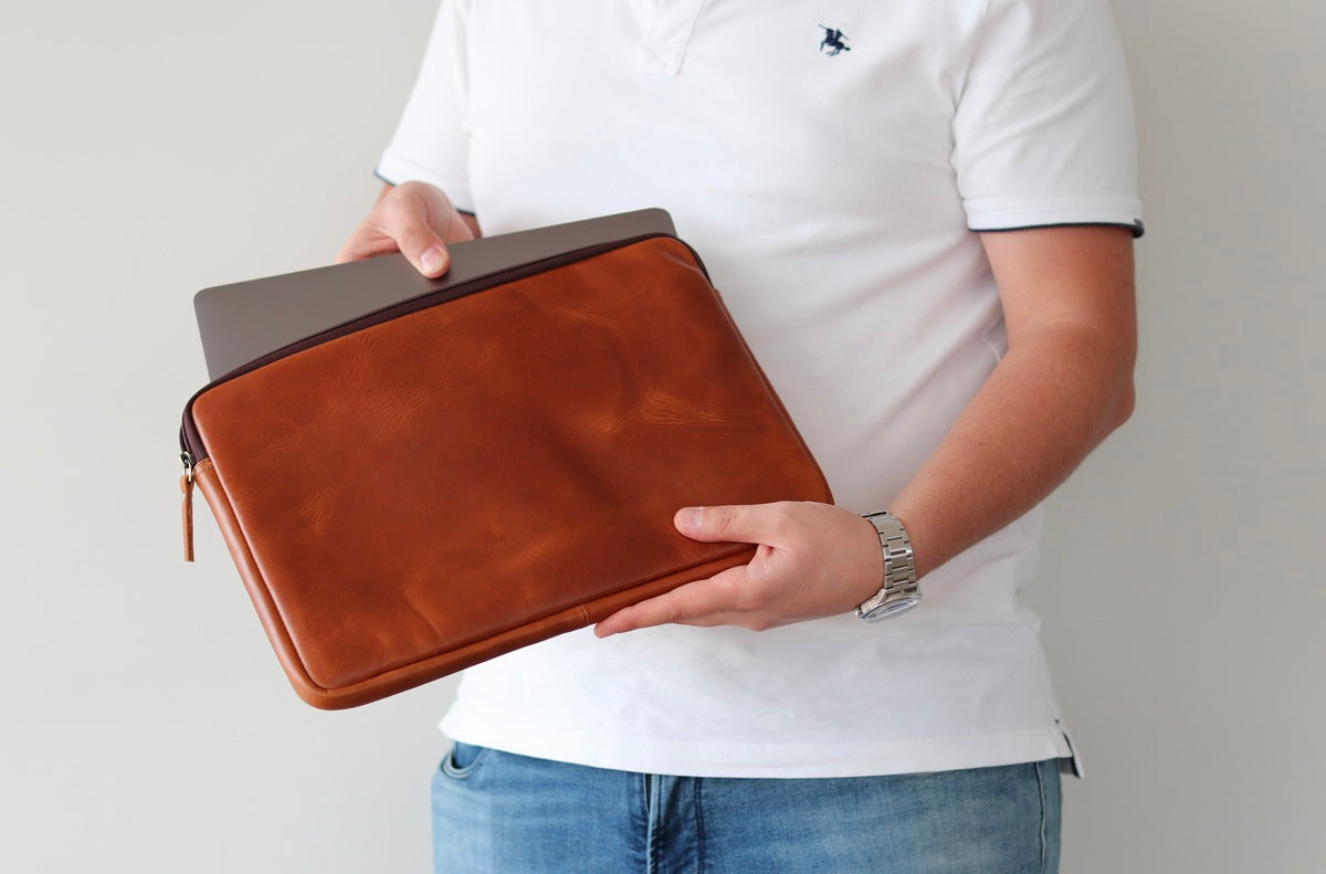 Personalized Leather Laptop Case - Light Brown