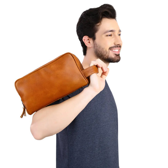 Mens Double Section Leather Toiletry Bag