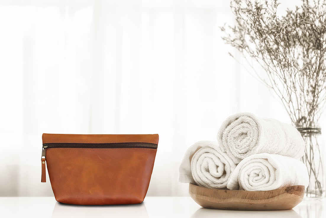 Load image into Gallery viewer, Leather Square Makeup Bag | Light Brown
